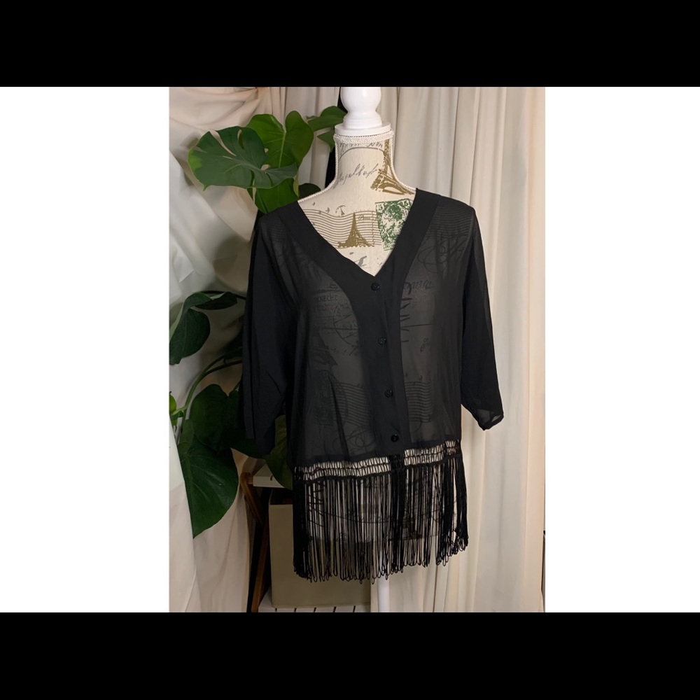 H&M Black Sheer Fringe Top Boho Size=10